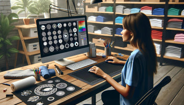 A tshirt seller lady creating a gang sheet on compeuer Sam's DTF Transfers