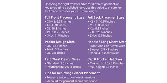 DTF Transfer Size and Placement Guide by Sam’s Transfers featuring recommended dimensions for full front, back, sleeve, chest, and hat designs, with professional placement tips and company logo at the bottom.