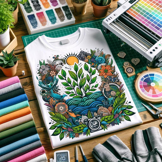 Vibrant custom DTF print on a T-shirt with a nature-inspired design, displayed among eco-friendly printing materials, symbolizing high-quality, durable, and sustainable apparel.