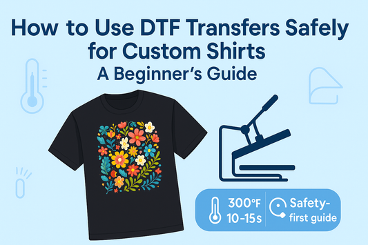 A black T-shirt with a colorful print and a heat press, illustrating a safety-first, step-by-step guide to using DTF transfers for beginners.