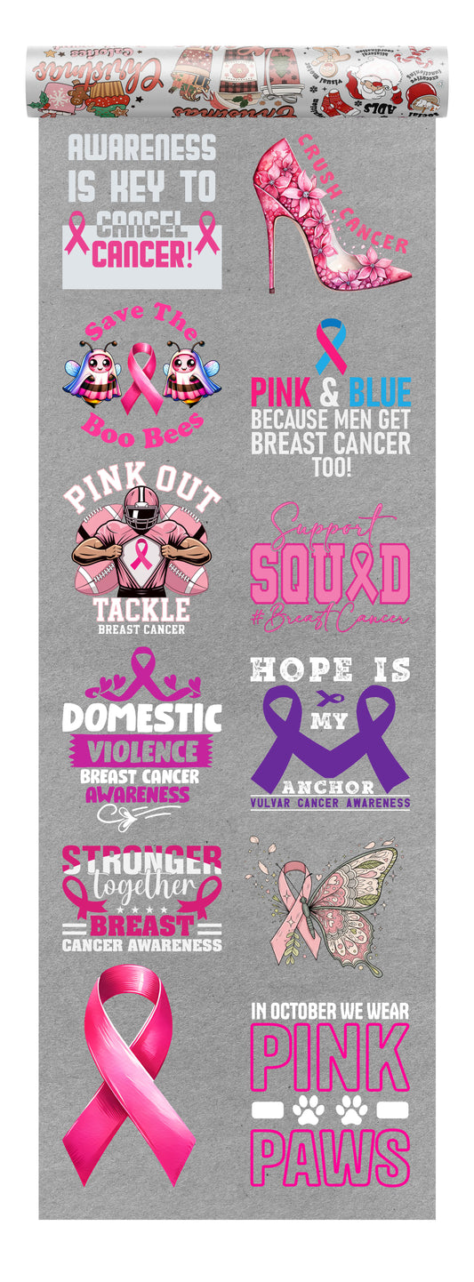 Breast Cancer Awareness DTF transfer bundle featuring pink ribbon designs, motivational messages, butterflies, and support-themed graphics for October and awareness events.
