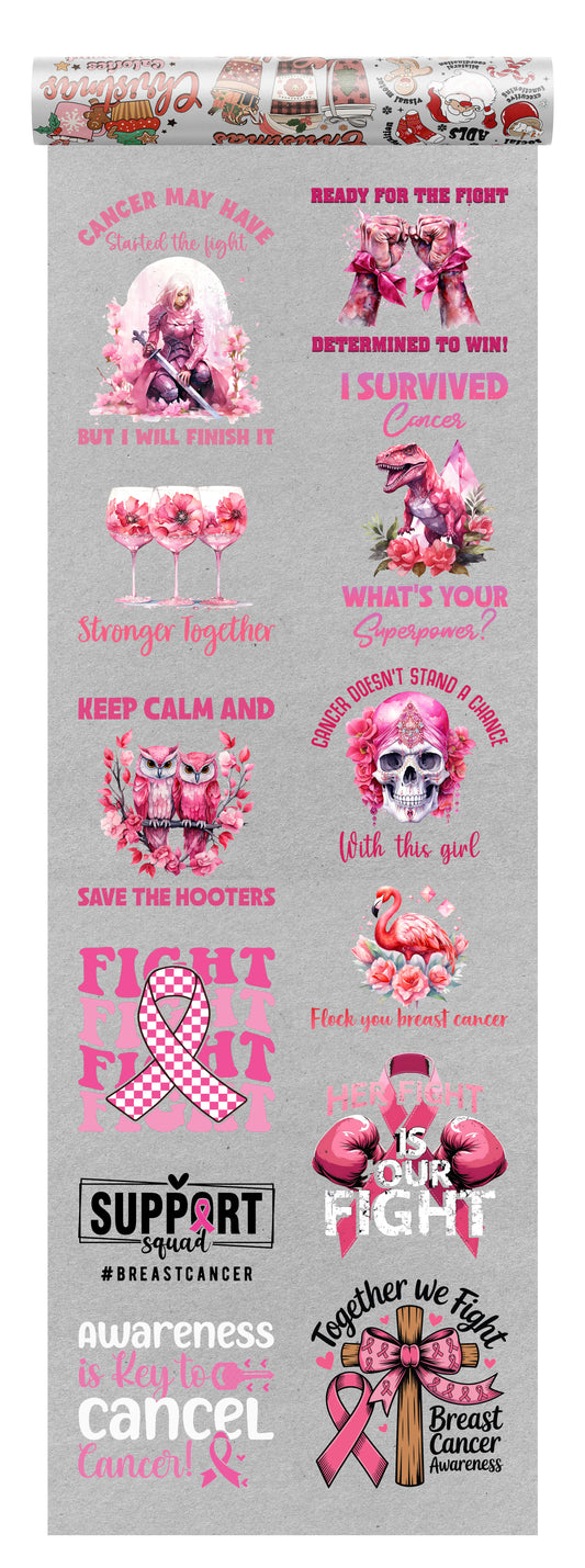 Breast Cancer Awareness DTF transfer bundle with motivational pink ribbon designs, boxing gloves, warriors, and survivor messages celebrating strength and unity.