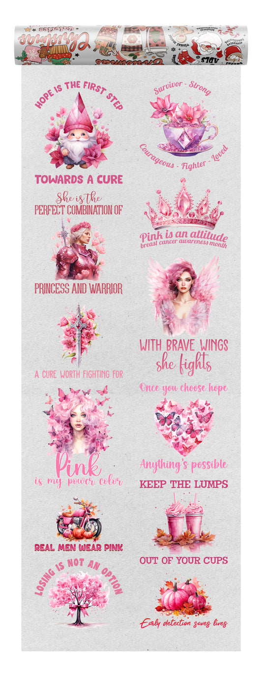 Breast Cancer Awareness DTF transfer bundle with pink warrior, angel, butterfly, and hope-themed designs featuring motivational messages and pink ribbon details.