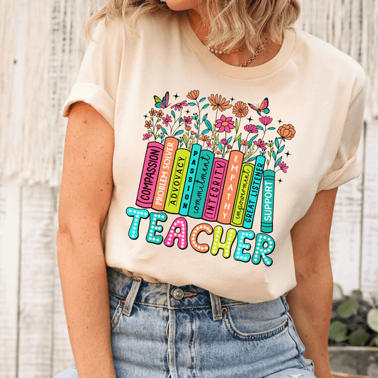 Teacher Bookshelf Floral-Themed Ready-to-Press DTF Transfer - Sam's DTF Transfers