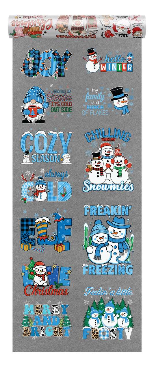 Christmas DTF transfer bundle with 10 cozy designs including JOY, Hello Winter, Cozy Season, Snowmies, and Feelin’ a Little Frosty featuring snowmen, gnomes, and plaid details — ideal for winter apparel printing.