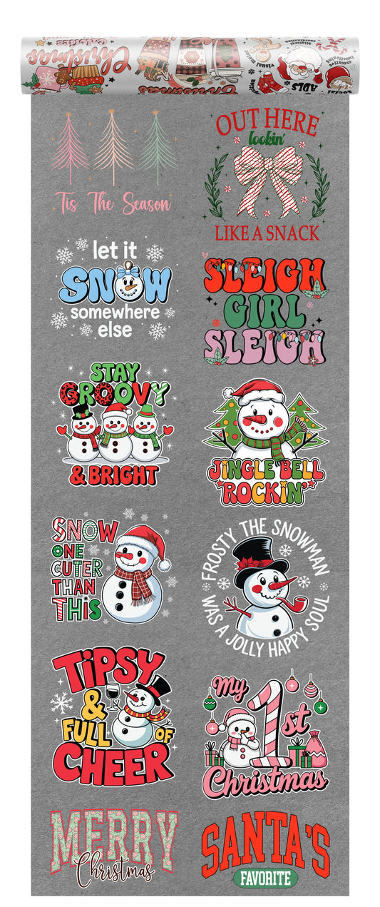 Chrristmas DTF transfers bundle with 10 designs on a transparent background, ideal for seasonal apparel.