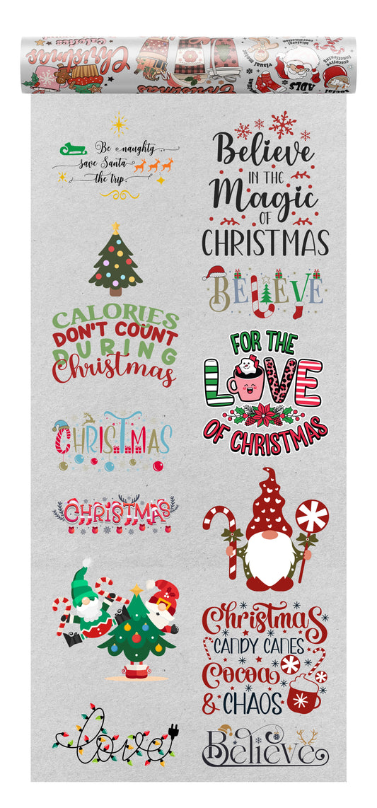 Chrristmas DTF transfers bundle with 10 designs on a transparent background, ideal for seasonal apparel.