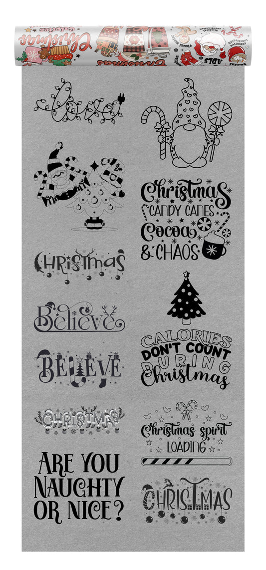 Chrristmas DTF transfers bundle with 10 designs on a transparent background, ideal for seasonal apparel.