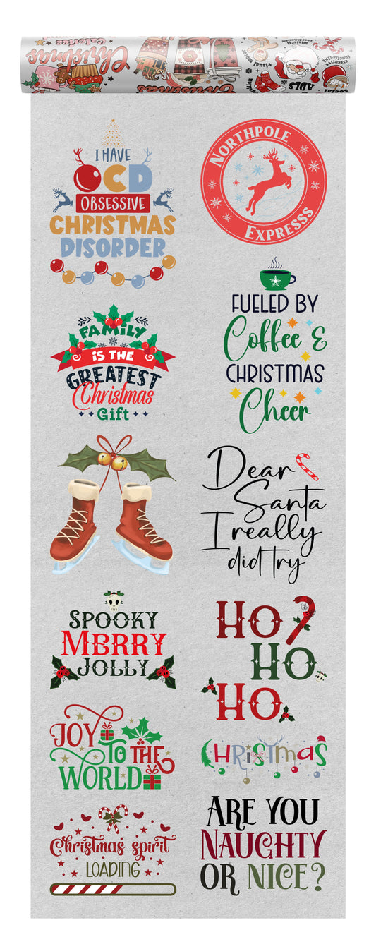 Chrristmas DTF transfers bundle with 10 designs on a transparent background, ideal for seasonal apparel.