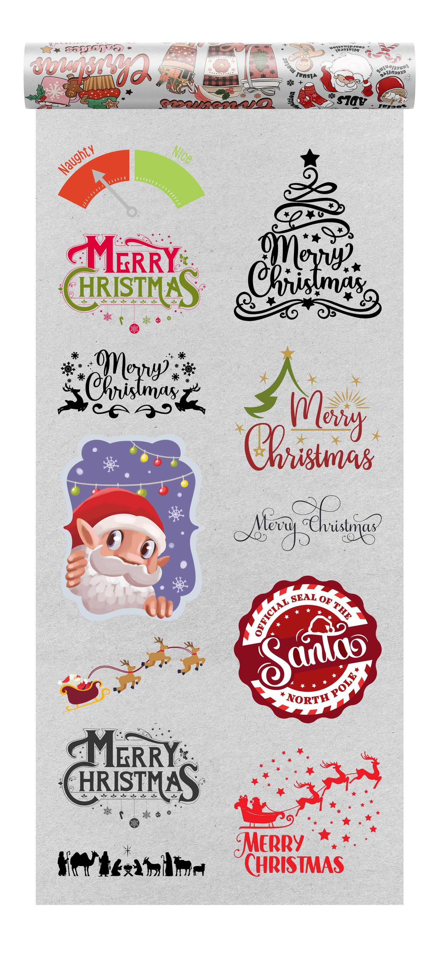 Chrristmas DTF transfers bundle with 10 designs on a transparent background, ideal for seasonal apparel.