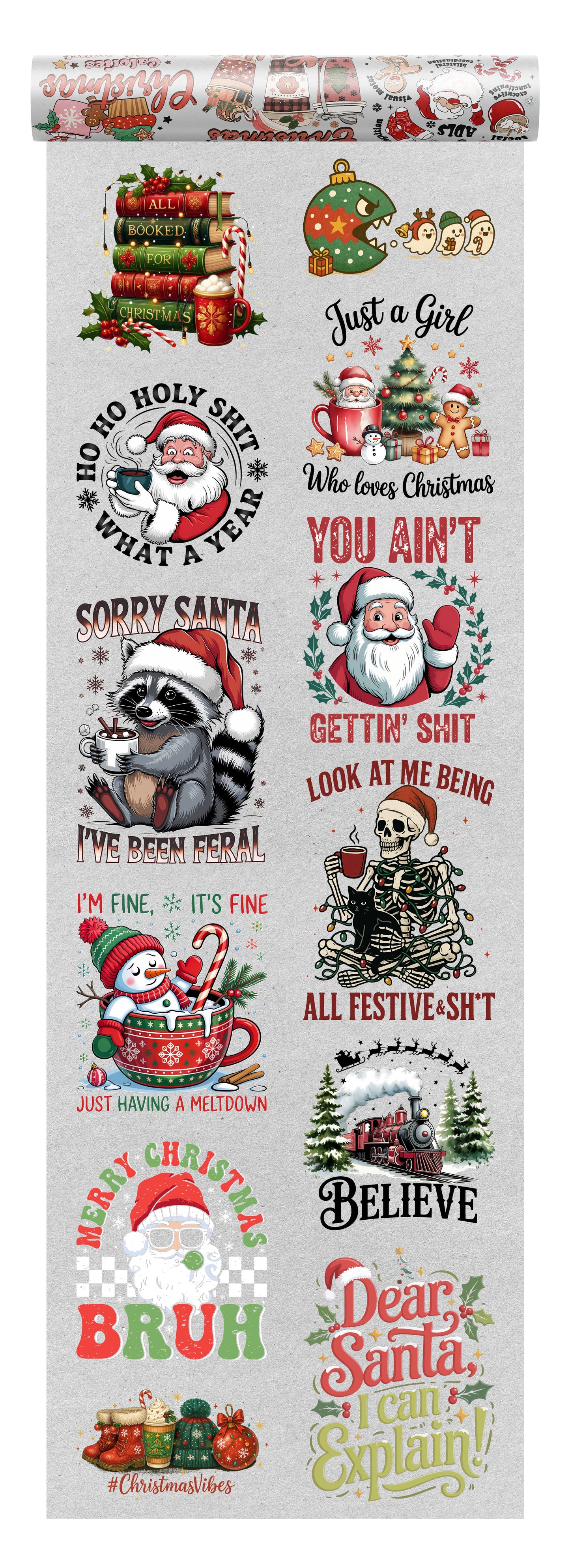 Chrristmas DTF transfers bundle with 10 designs on a transparent background, ideal for seasonal apparel.