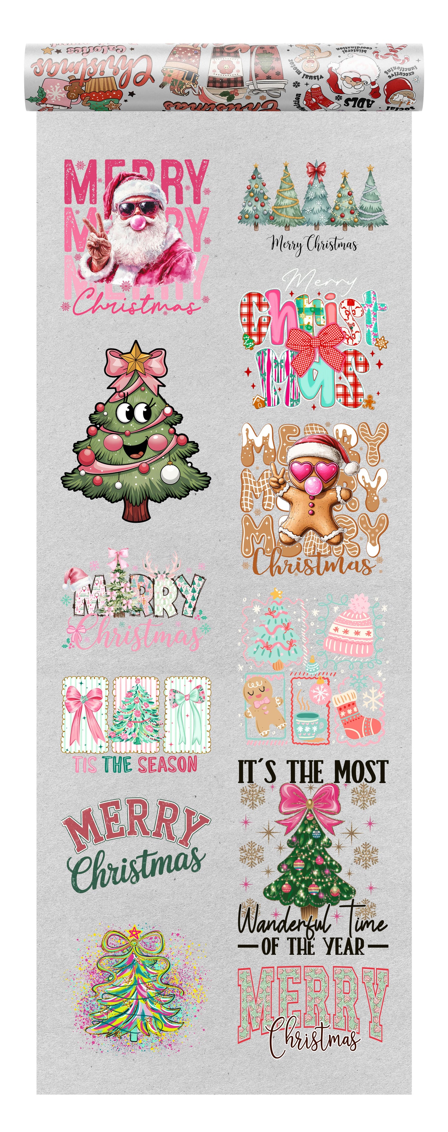 Chrristmas DTF transfers bundle with 10 designs on a transparent background, ideal for seasonal apparel.