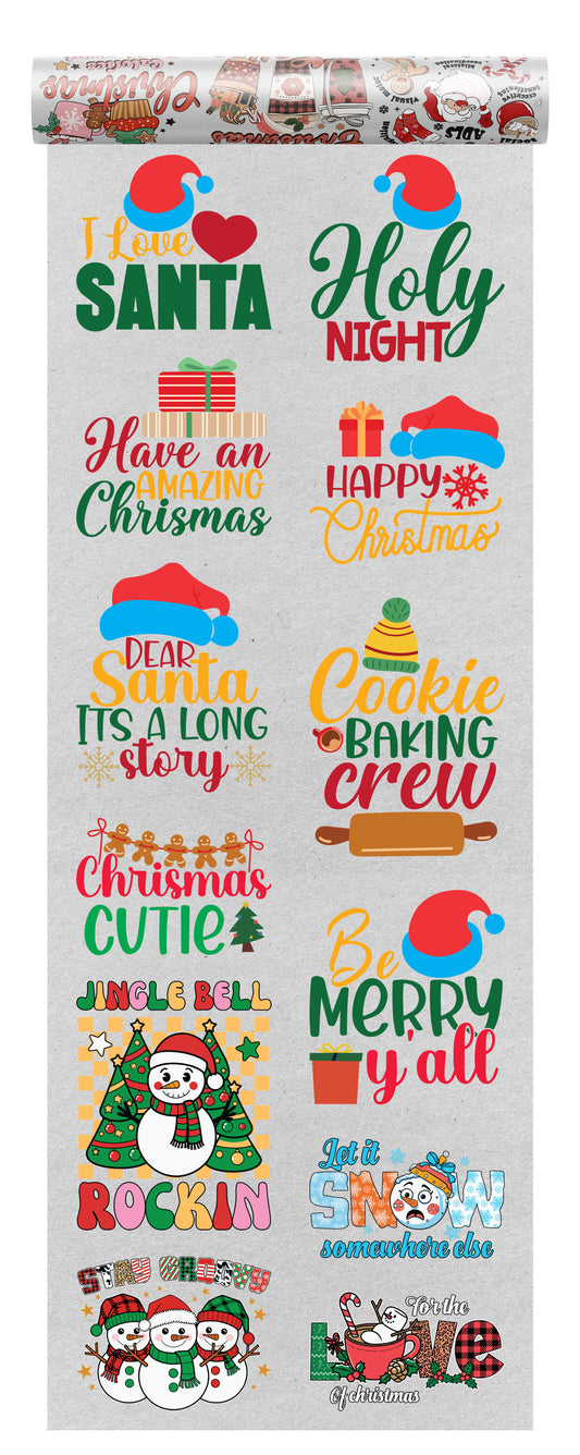 Christmas DTF transfer bundle with 10 holiday designs featuring Santa hats, gifts, gingerbread cookies, and festive text like “I Love Santa” and “Cookie Baking Crew,” perfect for seasonal apparel.