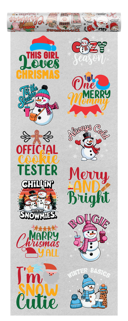 Christmas DTF transfer bundle with 10 festive designs including This Girl Loves Christmas, Chillin’ With My Snowmies, and Merry & Bright featuring snowmen and cookies — ideal for winter apparel printing.