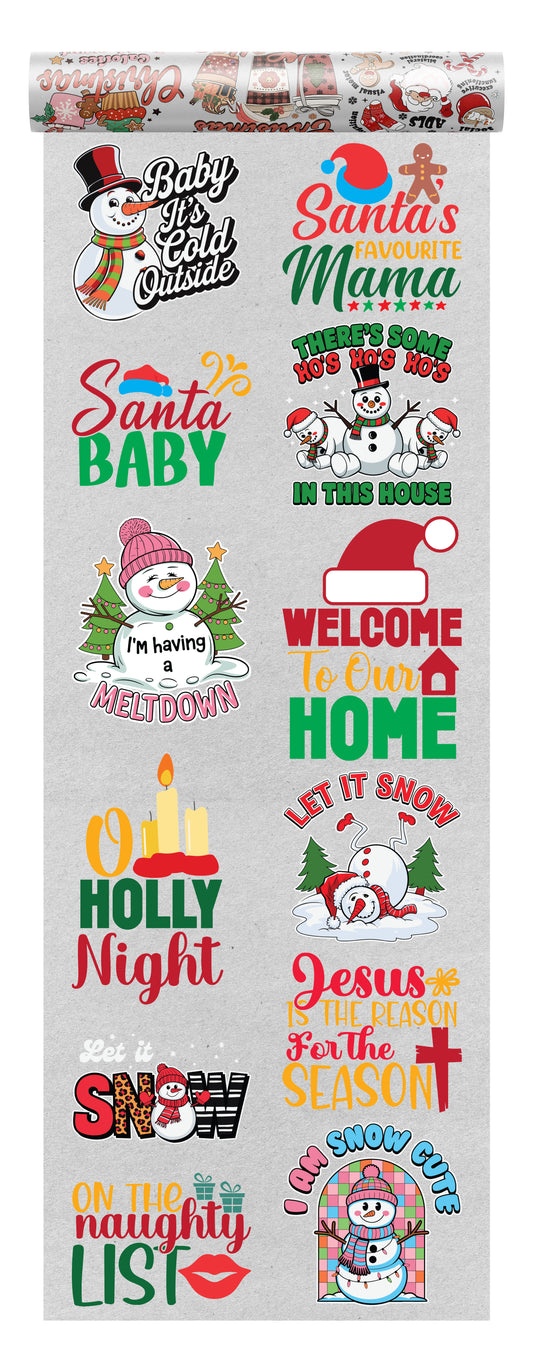 Christmas DTF transfer bundle with 10 festive designs featuring snowmen, Santa hats, and Christmas quotes like Baby It’s Cold Outside, Santa Baby, and Jesus Is the Reason for the Season, ideal for holiday apparel printing.