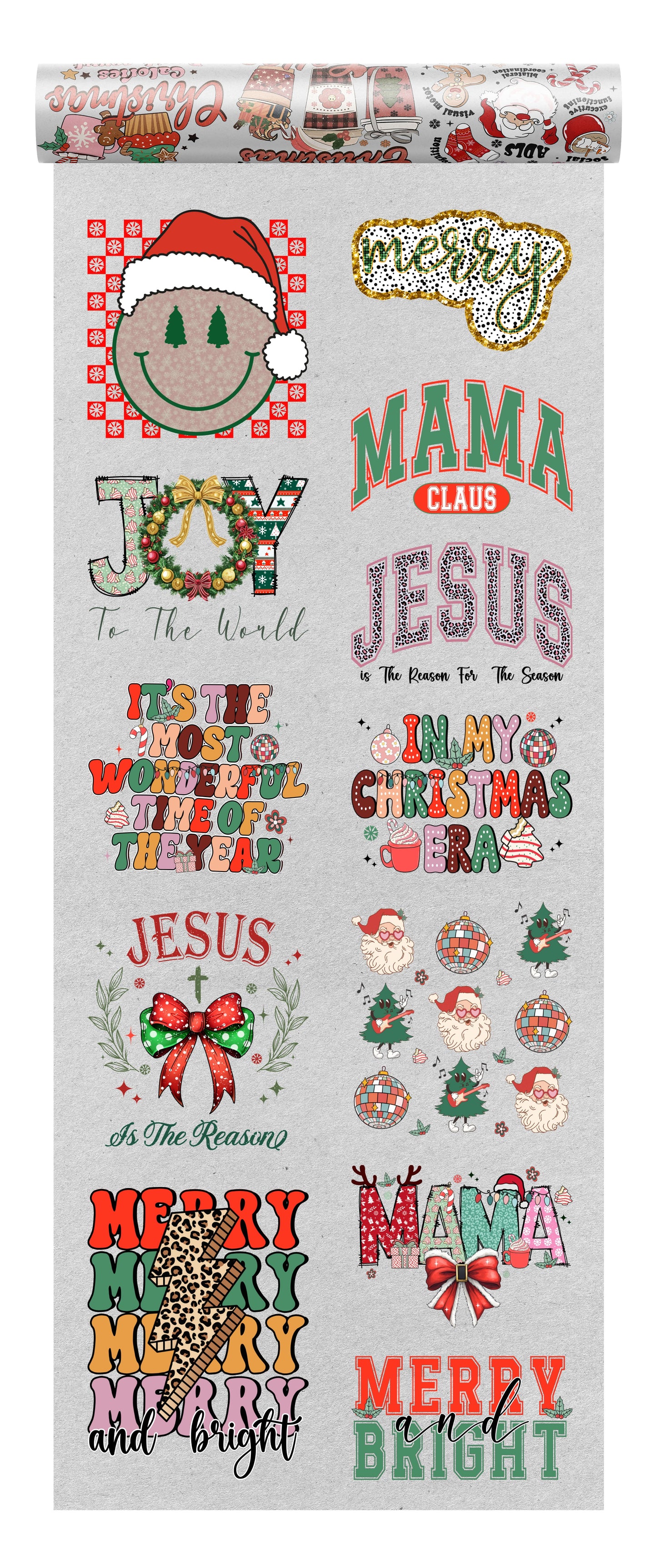 Chrristmas DTF transfers bundle with 10 designs on a transparent background, ideal for seasonal apparel.