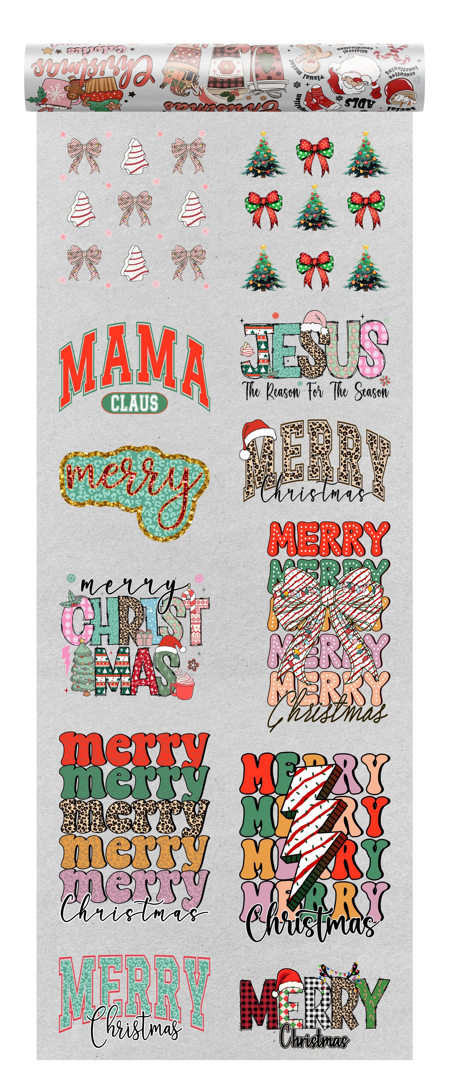 Chrristmas DTF transfers bundle with 10 designs on a transparent background, ideal for seasonal apparel.