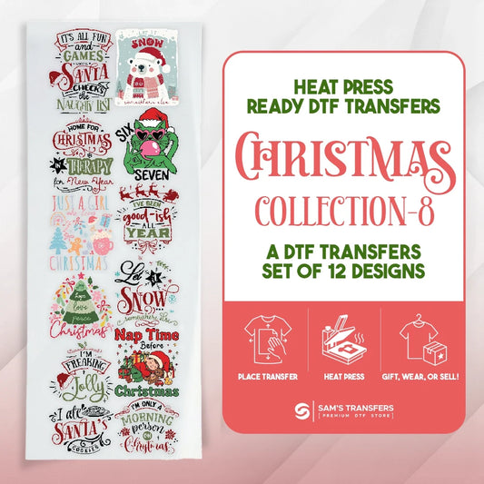Christmas DTF transfer bundle featuring 12 ready-to-press classic & cute christmas lettering designs.