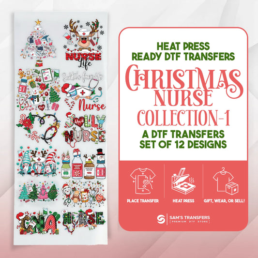Christmas nurse DTF transfer bundle featuring 12 ready-to-press nurse life & holiday designs.