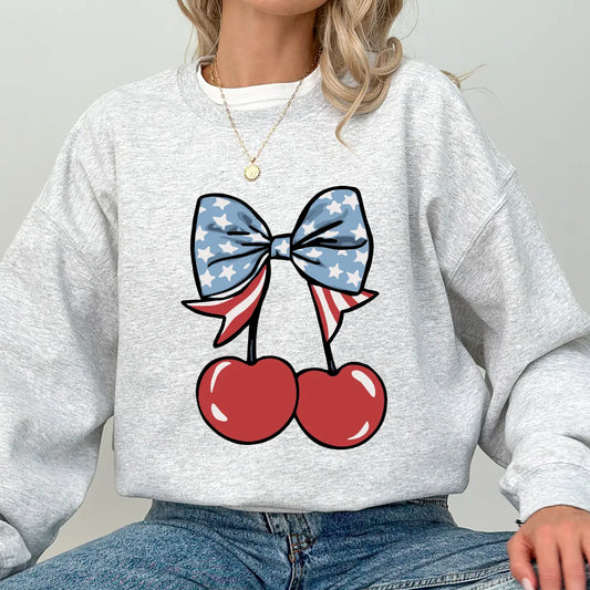 Gray sweatshirt mockup featuring two cherries tied with an American flag bow – Memorial & Patriotic DTF Transfers ready-to-press design