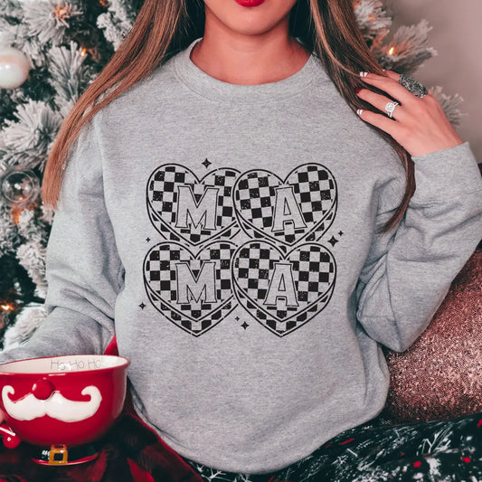 DTF Transfers ready to press – MAMA Checkerboard Hearts design on a gray sweatshirt featuring four black-and-white retro hearts with block letters.