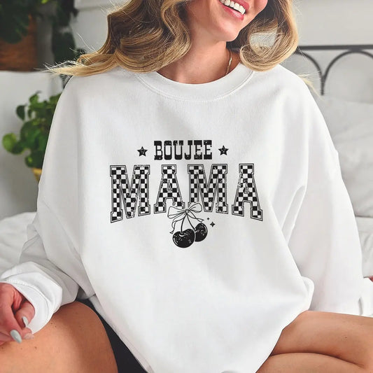 DTF Transfers ready to press – Boujee Mama checkerboard heat transfer with cherry design on white sweatshirt.