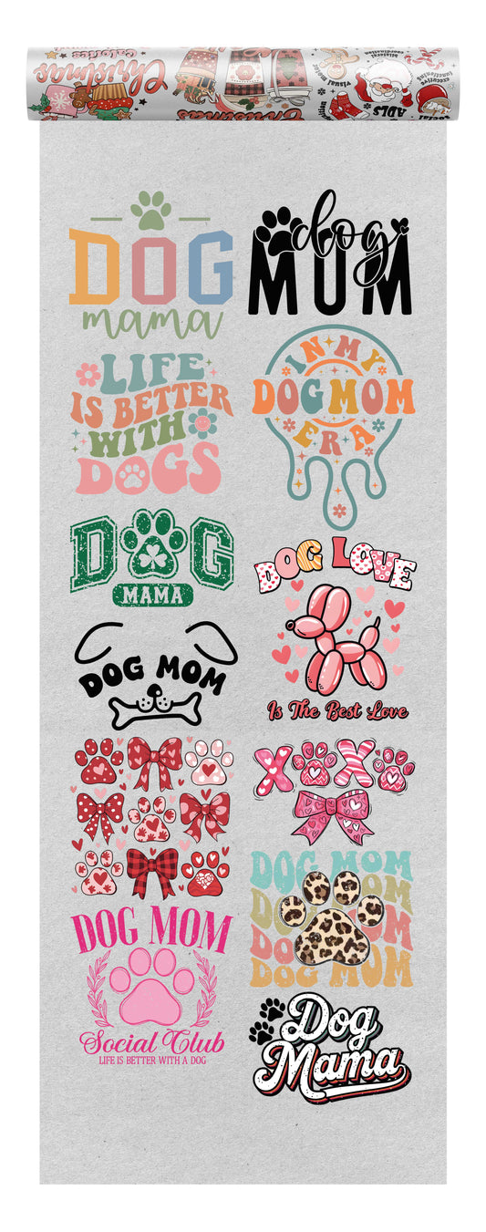 Dog Mom DTF Transfer Bundle featuring 12 colorful ready-to-press designs, including dog paws, pet love quotes, and playful dog-themed graphics.