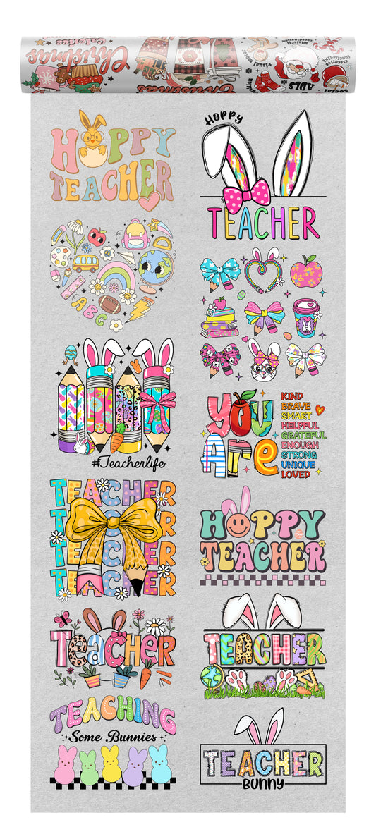 Easter Teacher DTF transfer bundle featuring 12 colorful ready-to-press designs with bunny ears, teacher quotes, Easter icons, and spring-themed classroom graphics.