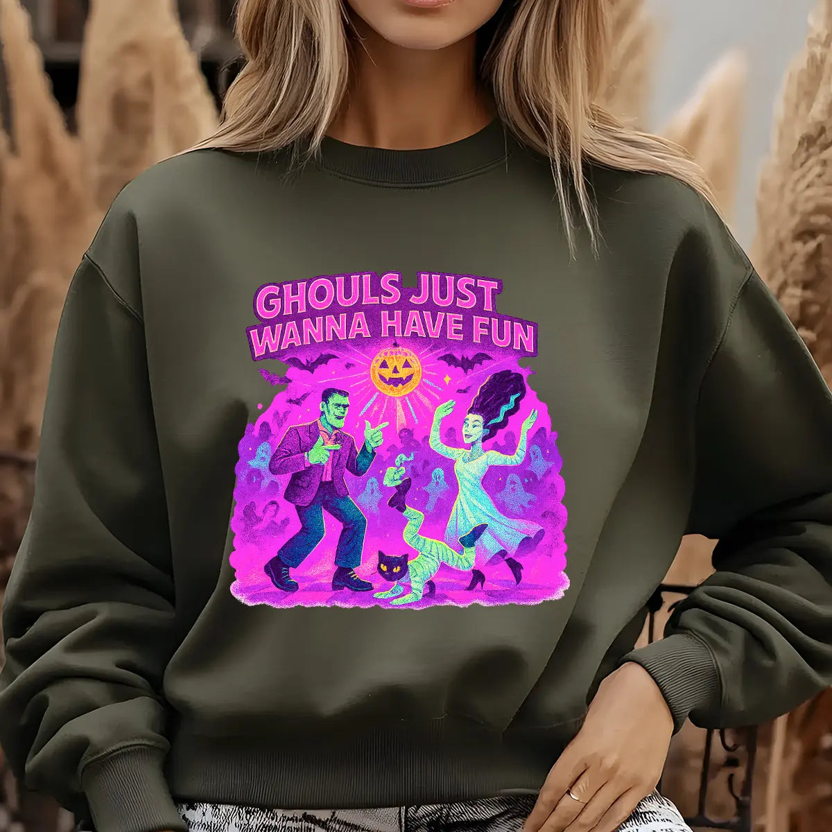 Sweatshirt featuring a Christmas-themed DTF transfer.