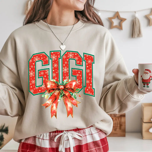 Sweatshirt featuring a Christmas-themed DTF transfer.