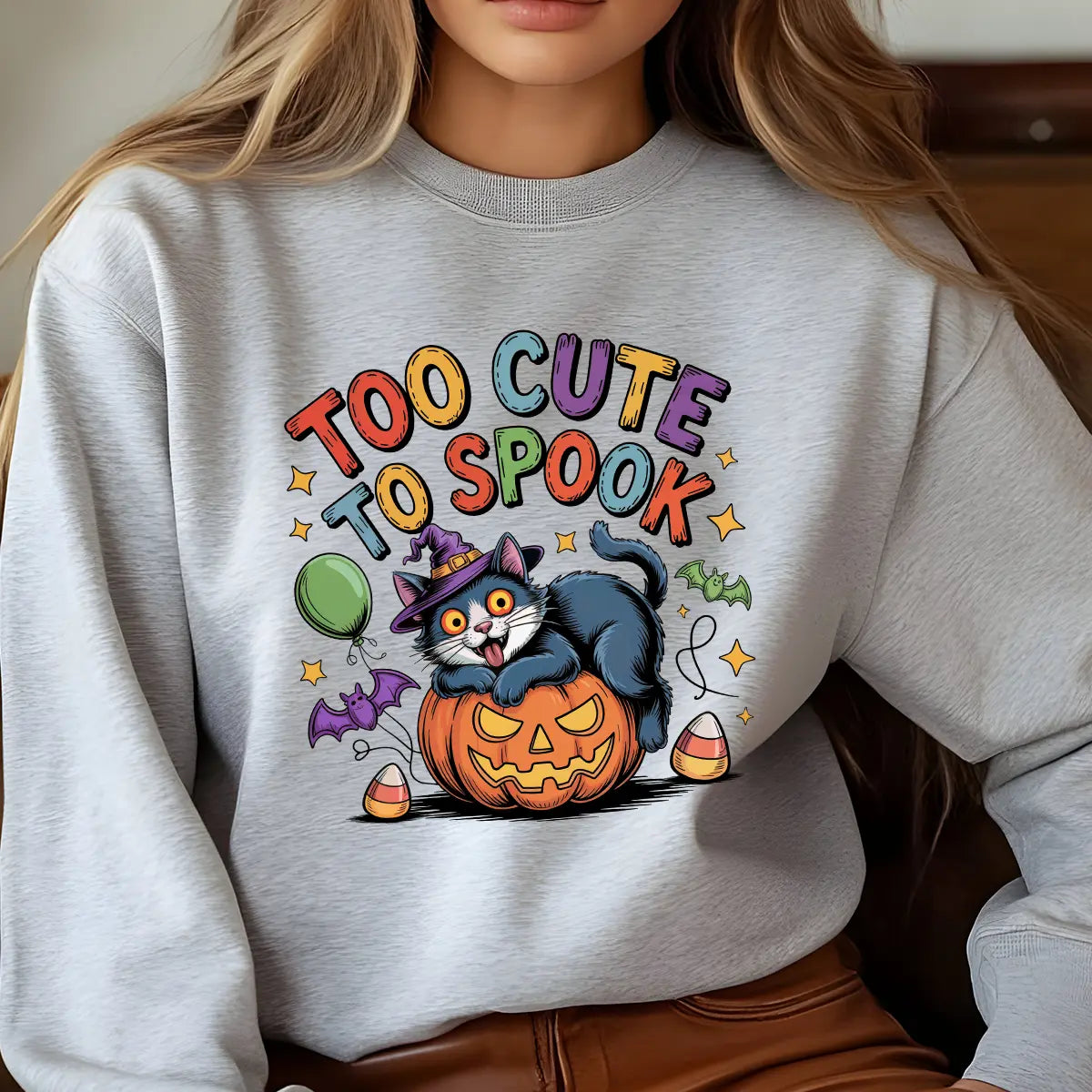 Sweatshirt featuring a Halloween-themed DTF transfer.