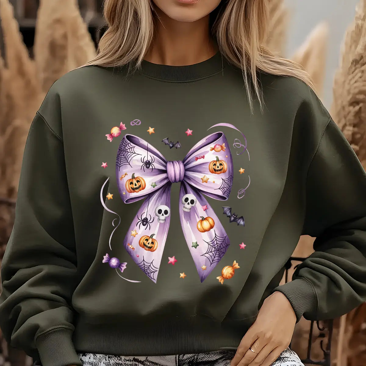 Sweatshirt featuring a Halloween-themed DTF transfer.