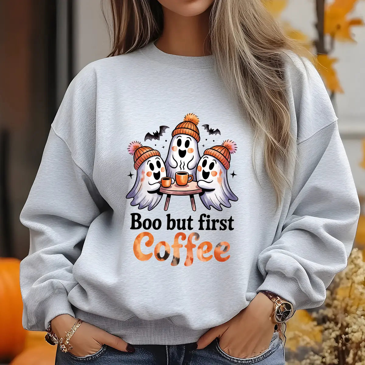 Sweatshirt featuring a Halloween-themed DTF transfer.