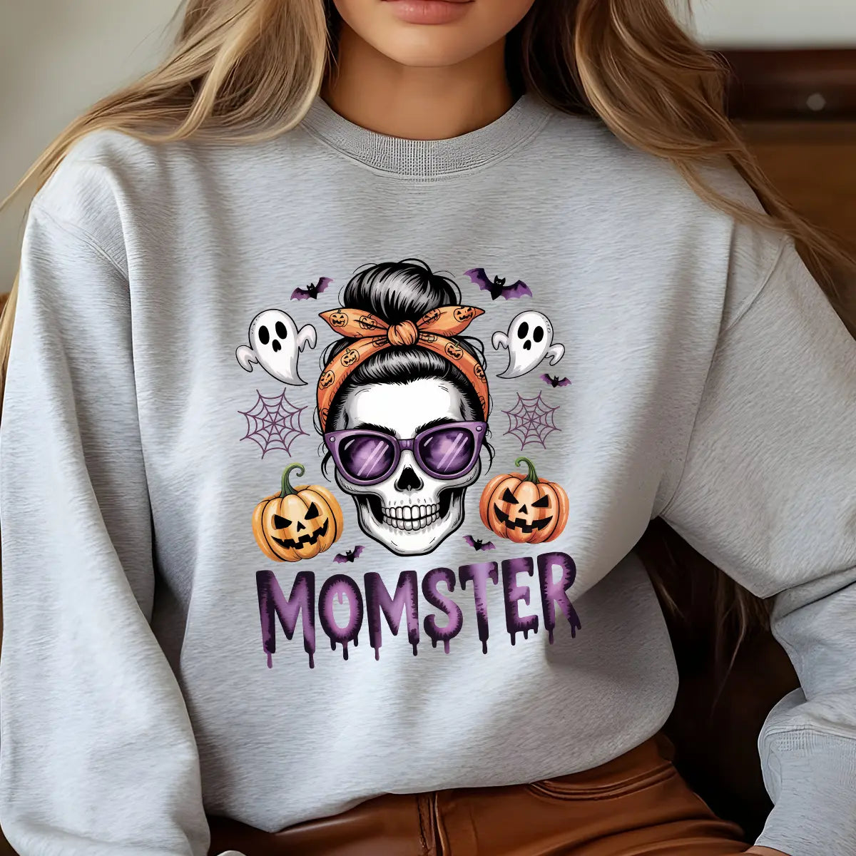 Sweatshirt featuring a Halloween-themed DTF transfer.