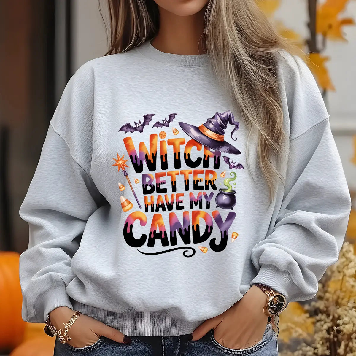 Sweatshirt featuring a Halloween-themed DTF transfer.