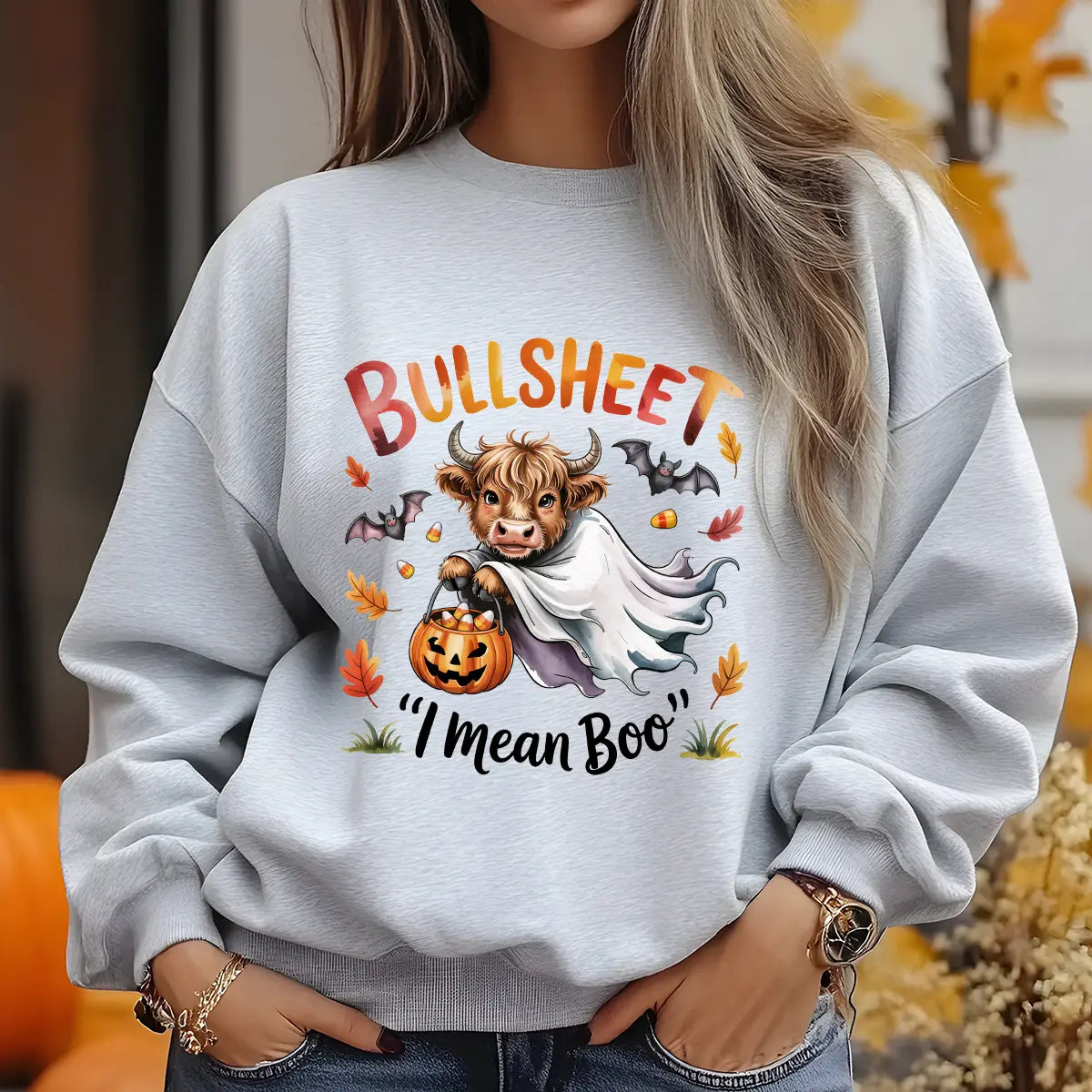 Sweatshirt featuring a Halloween-themed DTF transfer.