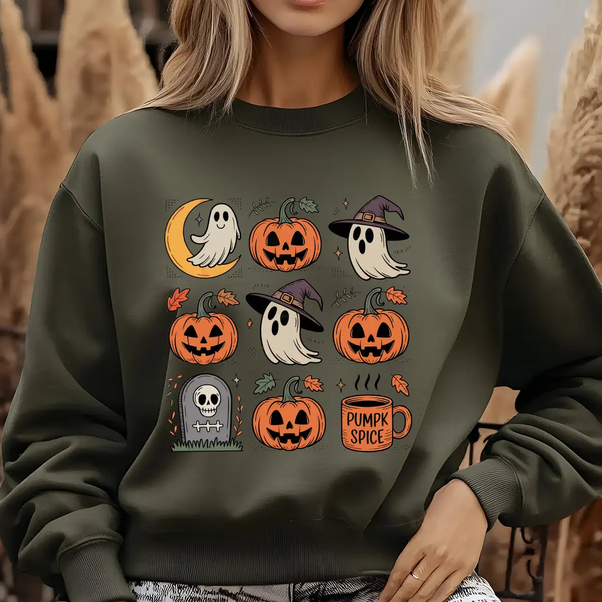 Sweatshirt featuring a Halloween-themed DTF transfer.