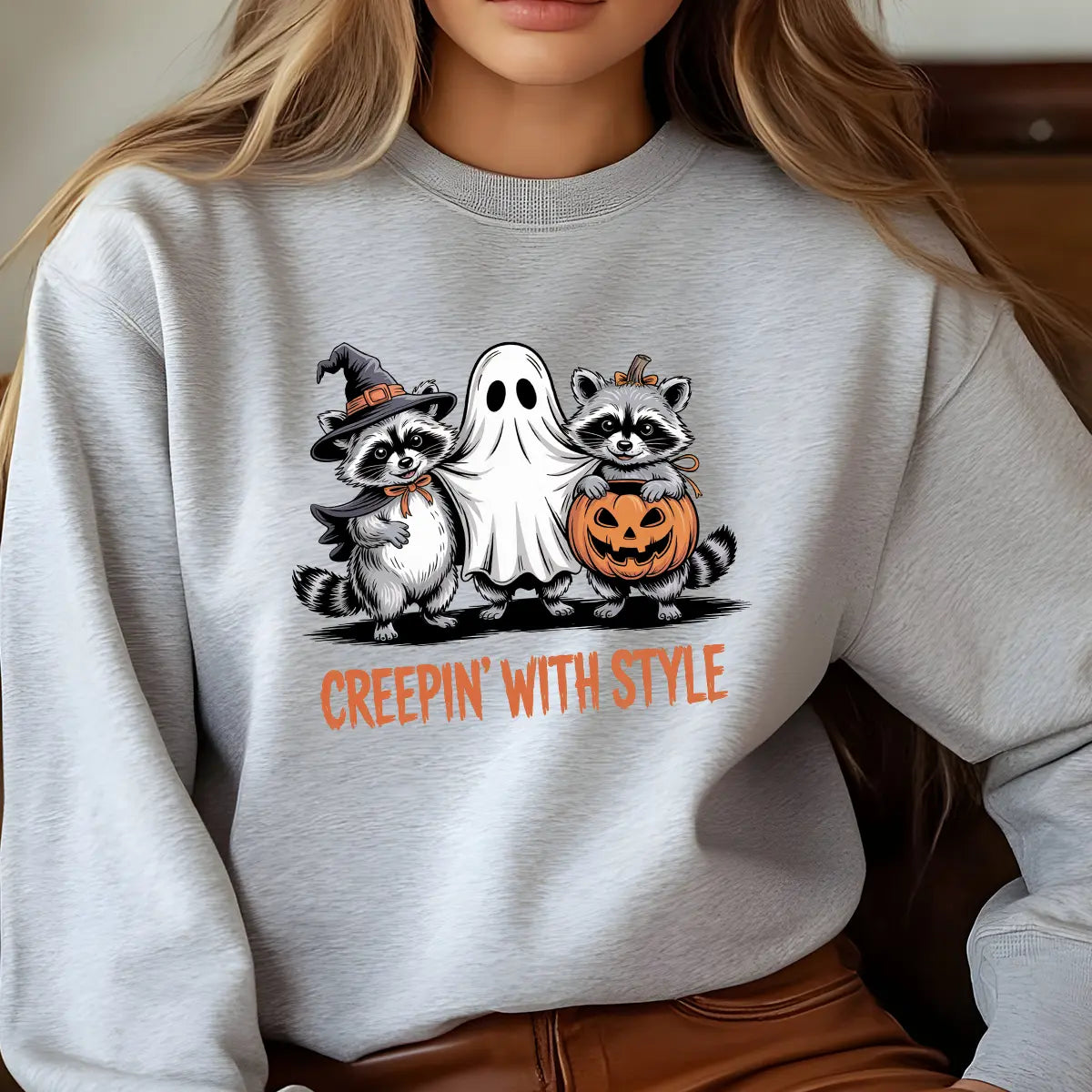 Sweatshirt featuring a Halloween-themed DTF transfer.