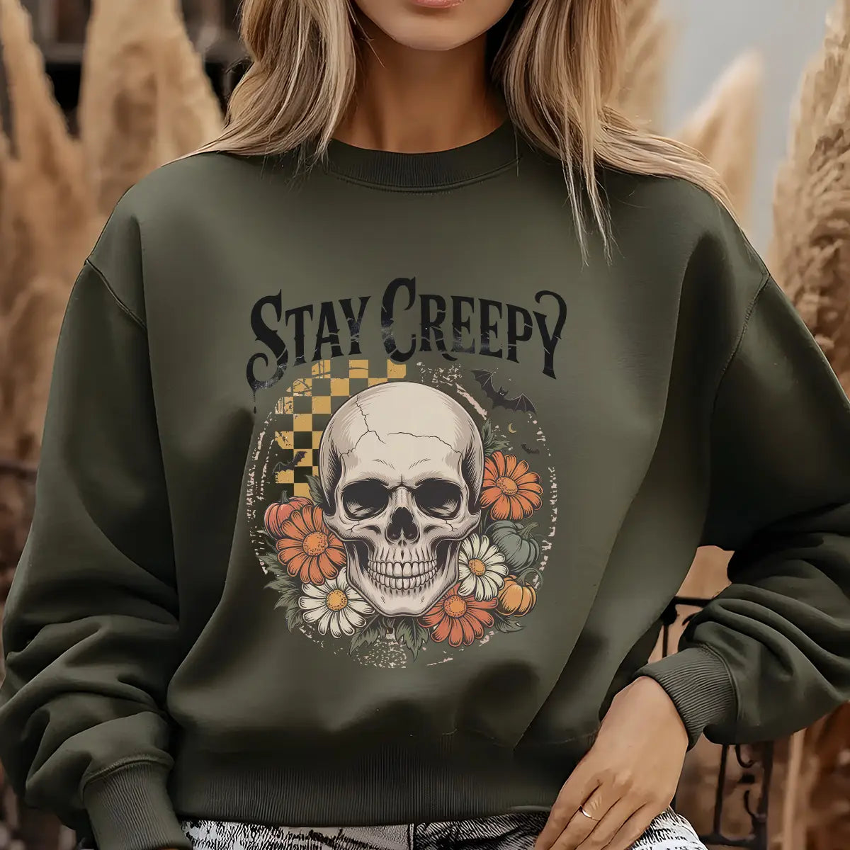 Sweatshirt featuring a Halloween-themed DTF transfer.