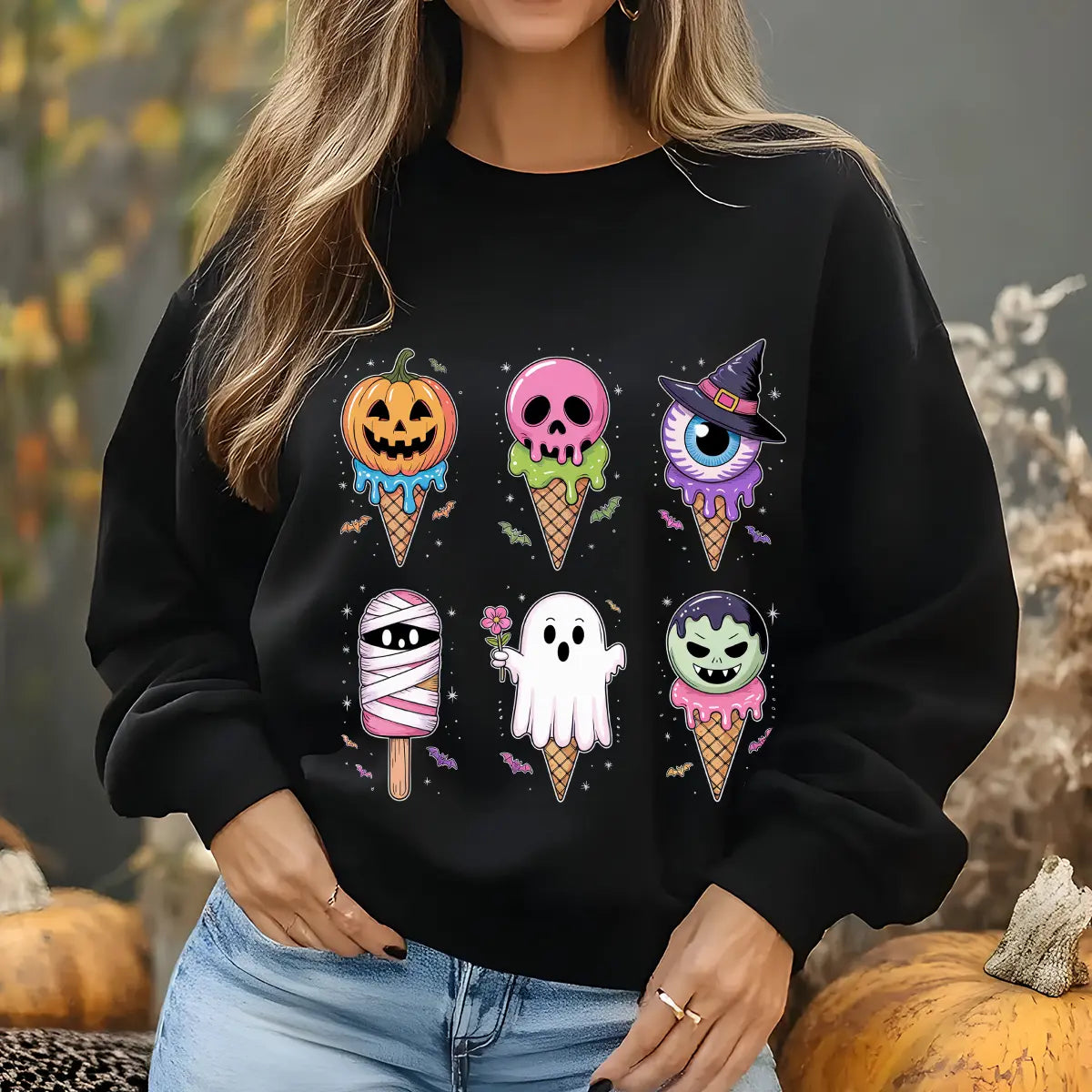 Sweatshirt featuring a Halloween-themed DTF transfer.