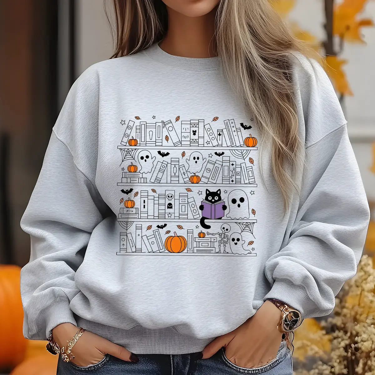 Sweatshirt featuring a Halloween-themed DTF transfer.