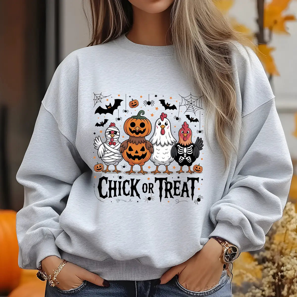 Sweatshirt featuring a Halloween-themed DTF transfer.
