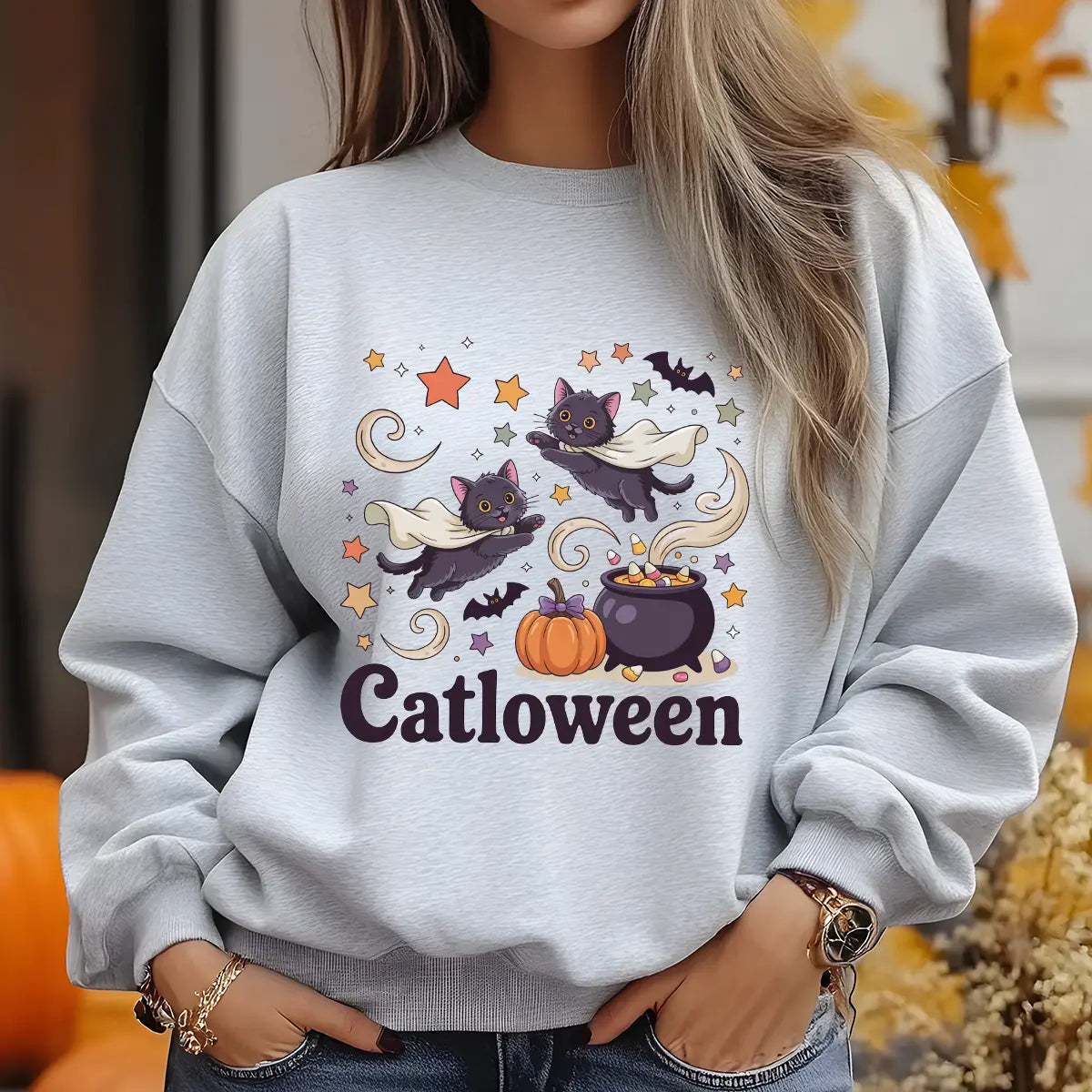 Sweatshirt featuring a Halloween-themed DTF transfer.