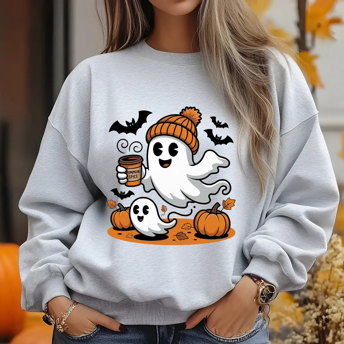 Sweatshirt featuring a Halloween-themed DTF transfer.