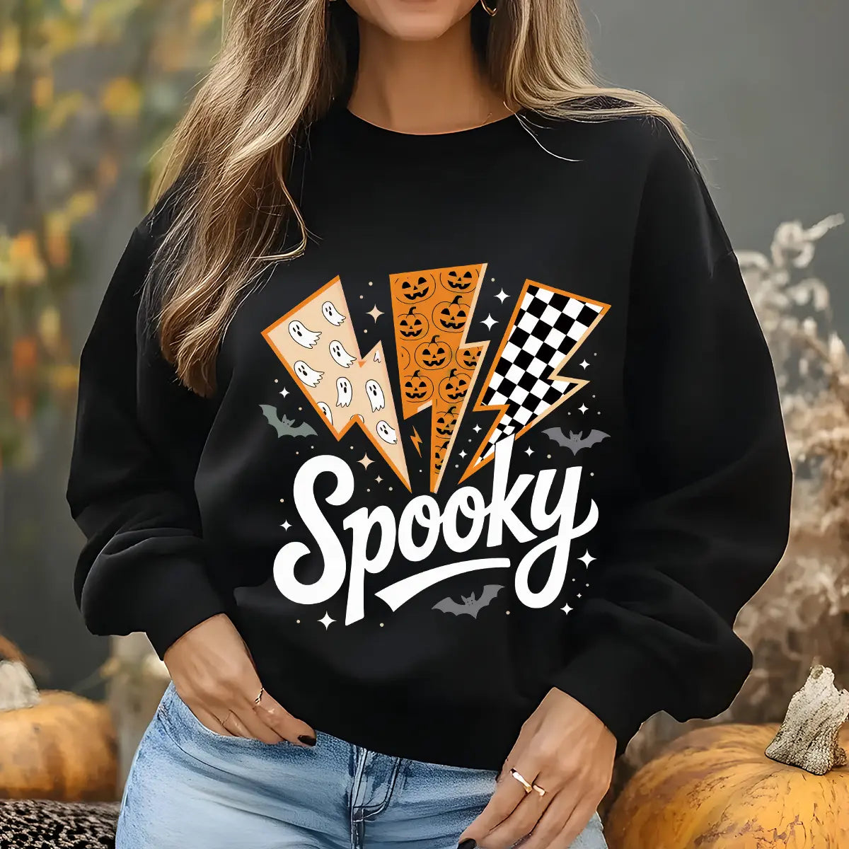 Sweatshirt featuring a Halloween-themed DTF transfer.