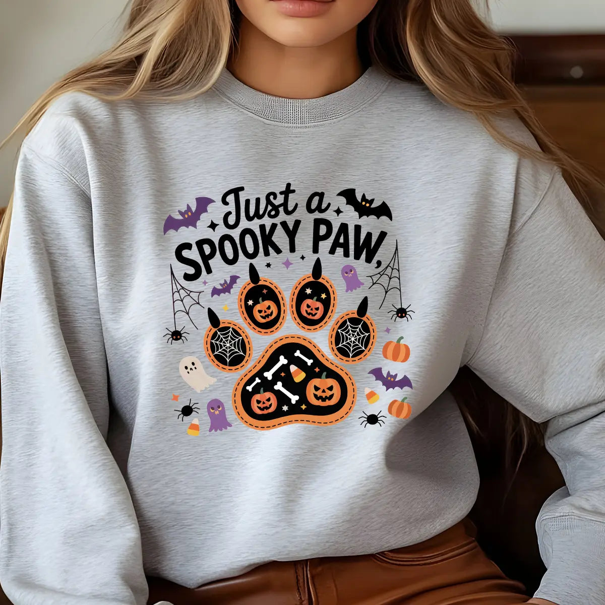 Sweatshirt featuring a Halloween-themed DTF transfer.