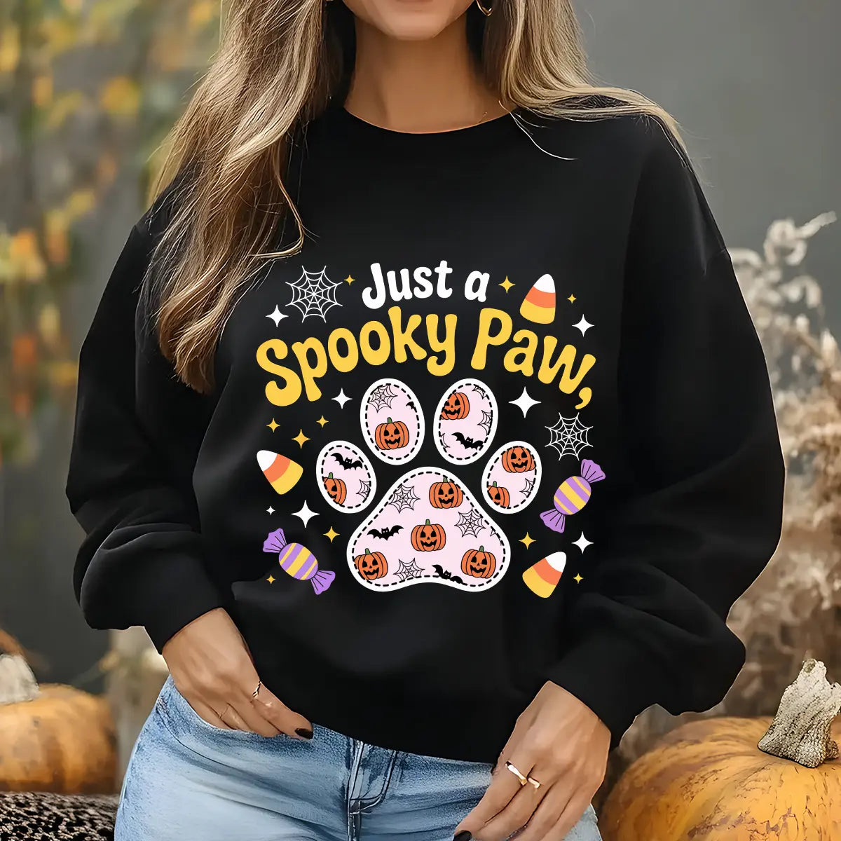 Sweatshirt featuring a Halloween-themed DTF transfer.