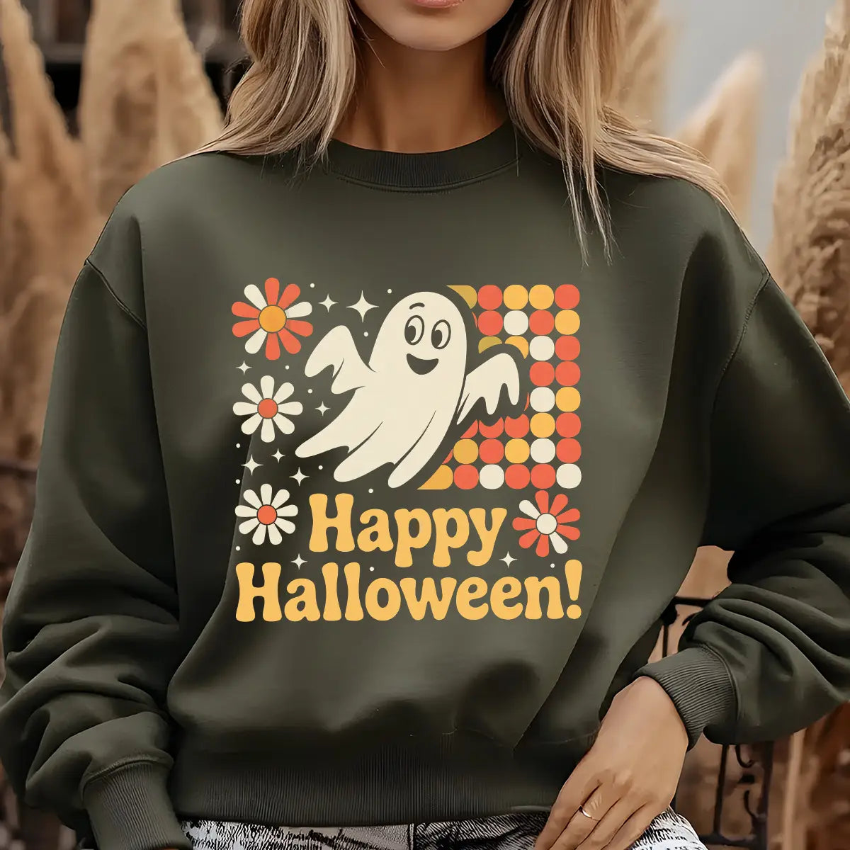 Sweatshirt featuring a Halloween-themed DTF transfer.