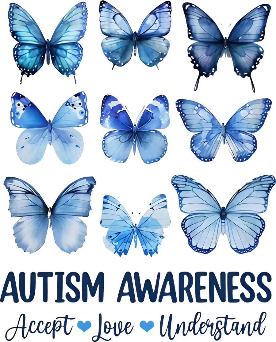 Blue Butterflies Autism Awareness DTF Transfer – Accept, Love, Understand