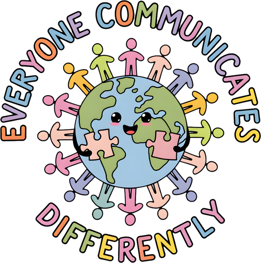 Cute Earth holding puzzle pieces surrounded by diverse colorful figures with the phrase “Everyone Communicates Differently” – autism awareness DTF transfer.